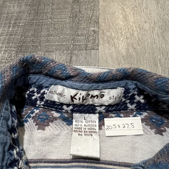 Vintage Kikimo Nepalese Woven Knit Blue Aztec Nepal Button Shirt Men's Large - Picture 5 of 5